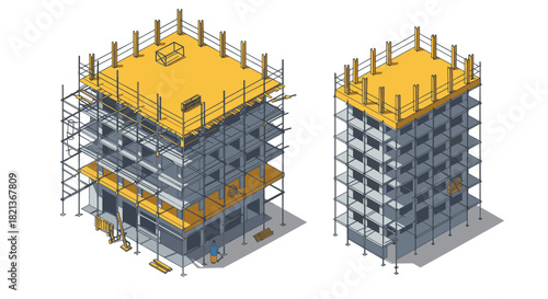 Isometric construction site with scaffolding and building framework