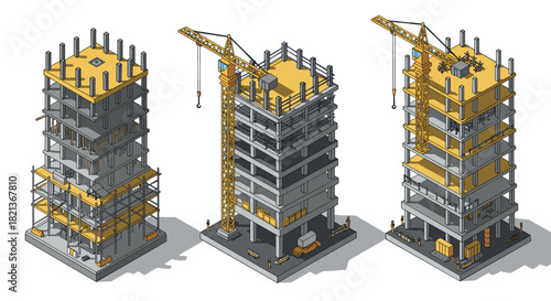 Modern isometric construction site with cranes and building structure