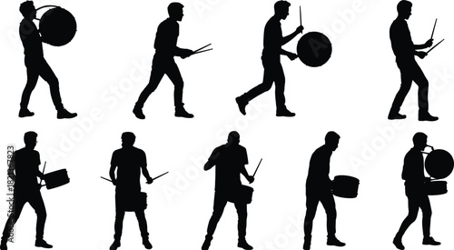 Silhouette collection of marching drummers performing with bass and snare drums, dynamic musician poses, rhythmic percussion movement for music, band, performance themes