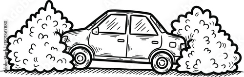 Car driving through overgrown bushes illustration vector