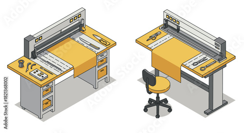 Isometric sewing and cutting room equipment in modern workshop design