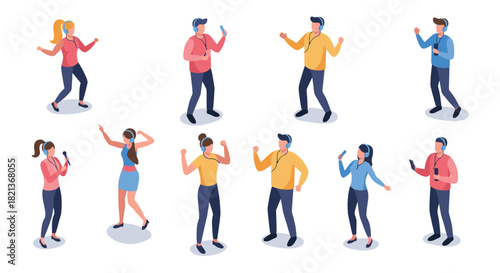 Diverse people dancing and listening to music in isometric style