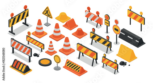Isometric traffic barriers and cones set for construction and road safety