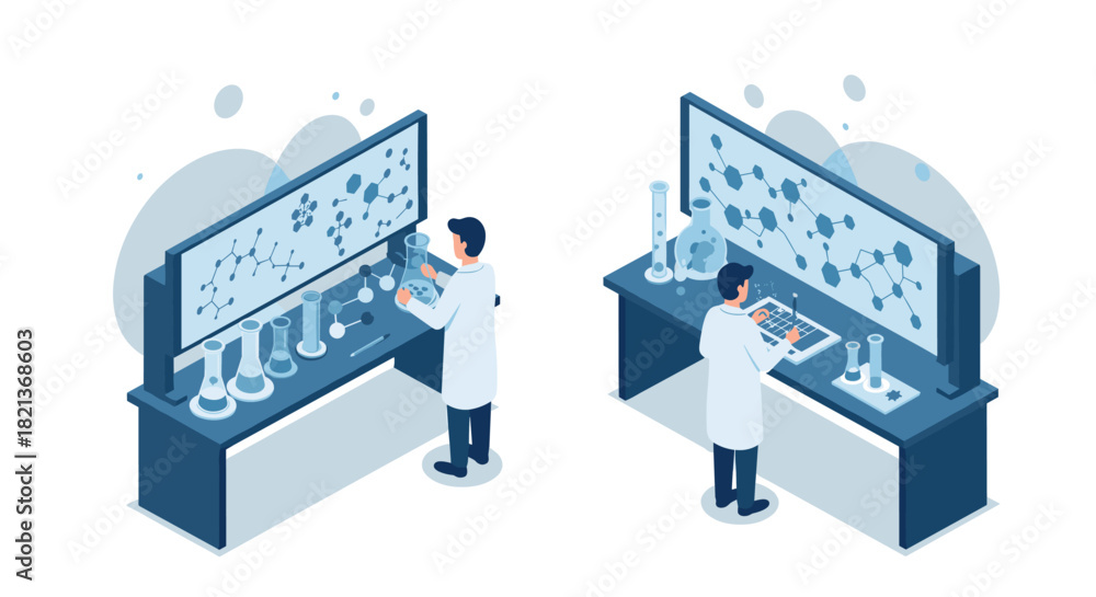 Obraz premium Scientists in laboratory analyzing molecular structures on interactive screens
