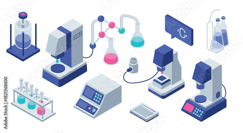 Modern isometric laboratory equipment set in pastel colors for scientific and educational purposes