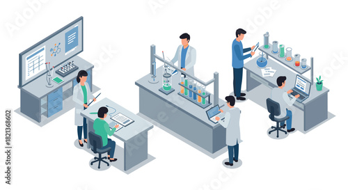 Isometric laboratory scene with scientists conducting experiments and analyzing data