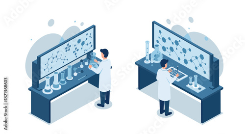 Scientists in laboratory analyzing molecular structures on interactive screens
