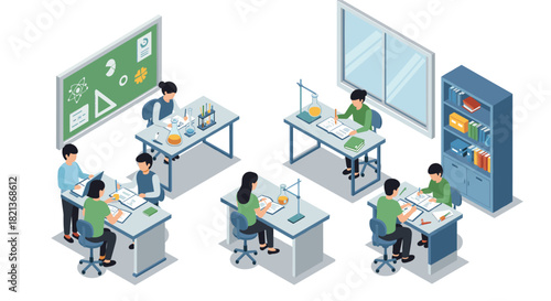 Isometric classroom with students studying science in a modern learning environment