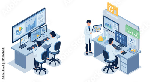 Isometric office workflow with digital analytics and research scene