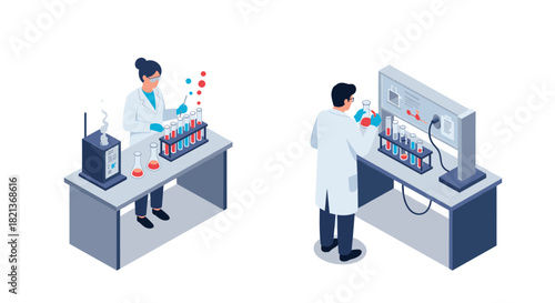 Isometric laboratory scientist scene with chemists conducting experiments