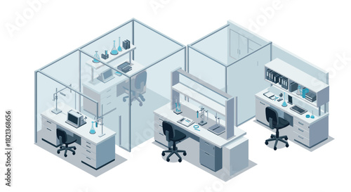 Modern isometric office workspace with desks and glass panels