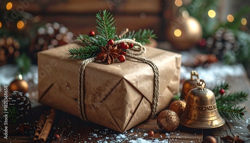 Festive Christmas gift wrapped in brown paper, adorned with pine sprigs and berries, surrounded by festive decorations and bokeh lights