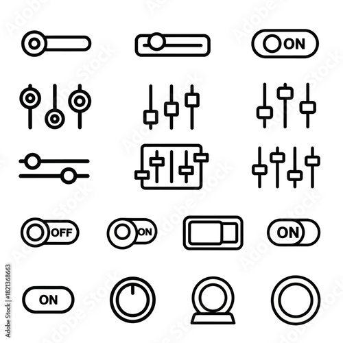 Collection of Modern Digital Interface Control Icons and Switches.