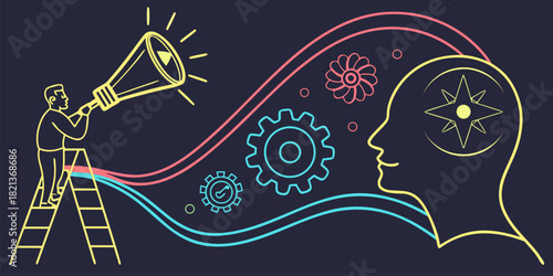 Inspiring business leadership ideas, concept shows leader on ladder shouting through megaphone with gears and innovation inside head, originally a vector