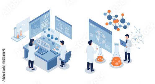 Scientists in lab analyzing data and chemistry models in isometric design
