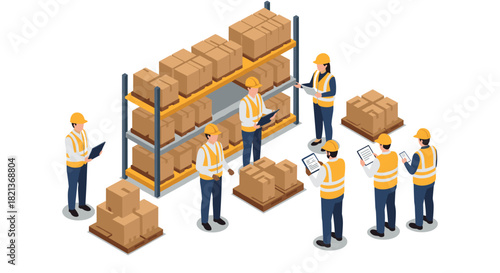 Warehouse team inventory management process with workers handling boxes and checking lists
