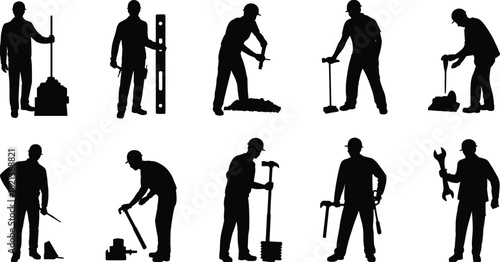 Silhouettes of construction workers using various tools, industrial labor poses, manual work concepts, professional builders performing tasks, engineering and maintenance illustration