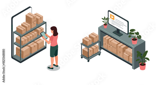 Warehouse management concept with worker and inventory computer system in isometric style