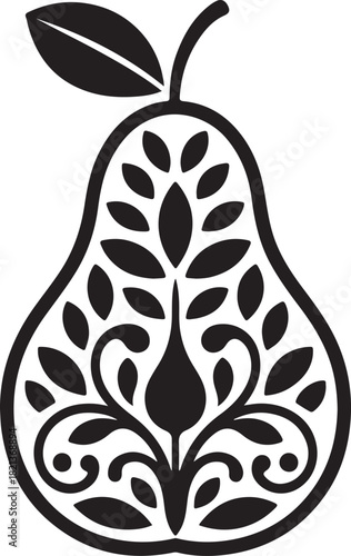 Ornate black pear silhouette with intricate leaf and vine design