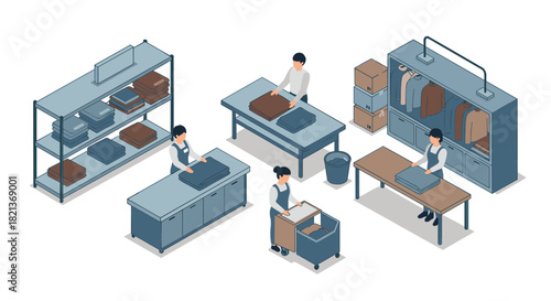 Workers organizing clothes in modern laundry facility isometric view