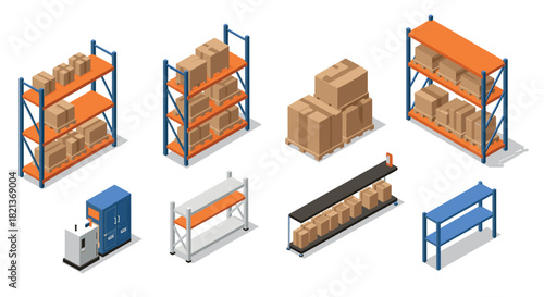 Industrial warehouse shelving systems with cardboard boxes and equipment in isometric style