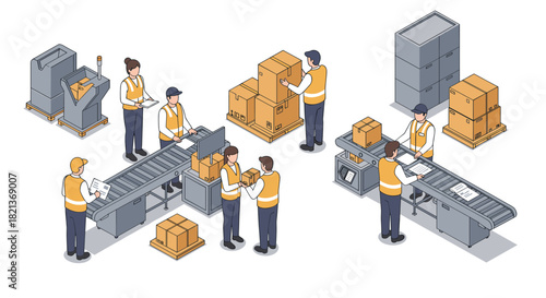 Isometric warehouse team sorting and packing boxes on conveyors