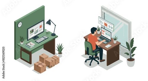 Isometric office and remote workspaces with computer desks and plants