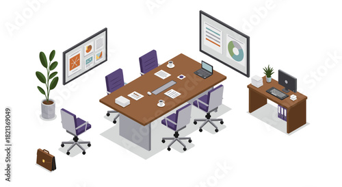 Modern isometric office meeting room with furniture and technology