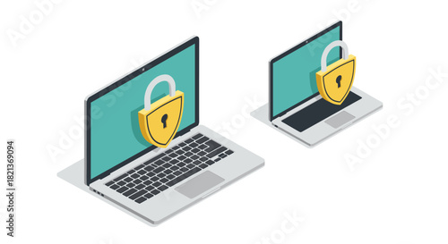 Isometric laptop security concept with lock icons on screen