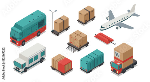 Isometric transportation and cargo elements featuring trucks and airplane