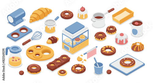 Isometric bakery elements: assorted baked goods and kitchen utensils for culinary design