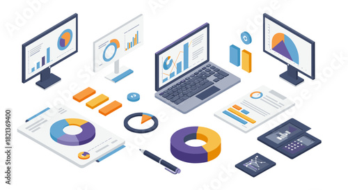 Modern isometric office data analysis with graphs and charts on digital devices
