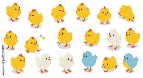 Charming cartoon chicks in various colors and poses
