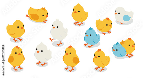 Colorful cartoon chicks on white background in isometric style