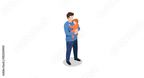 Father holding child in isometric style on white background