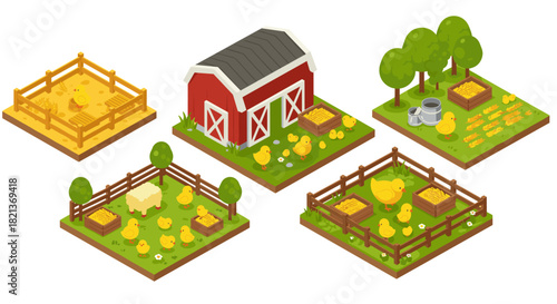 Isometric farm set with chickens and barnyard elements for conceptual design