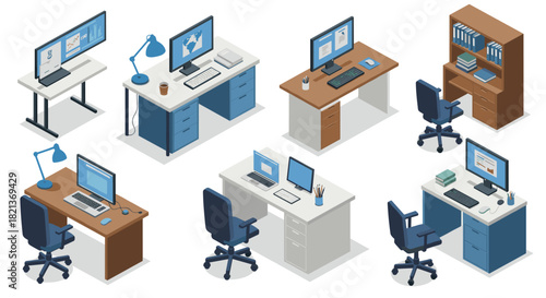Isometric office desks with computers and chairs in modern workspace setup
