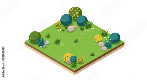 Isometric garden plot with greenery and rocks in flat style