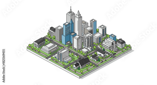 Isometric cityscape with skyscrapers and residential buildings on green grid