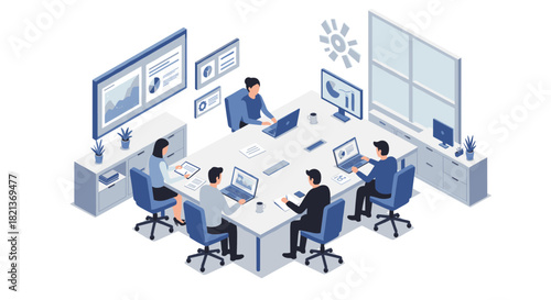 Modern office isometric design featuring team collaboration and technology in a professional setting