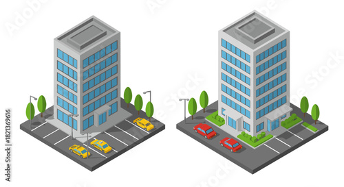 Modern isometric urban buildings with cars and trees on white background