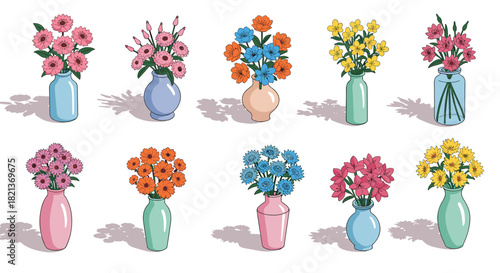Bright floral arrangements in colorful vases with shadows on white background