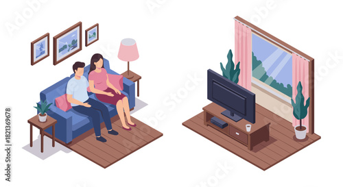 Cozy living room with couple relaxing on sofa in isometric design