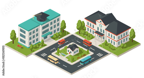 Isometric campus scene with school buildings and buses