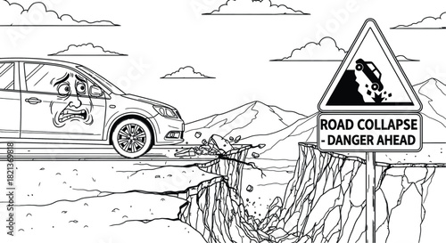 Road collapse danger ahead coloring page illustration