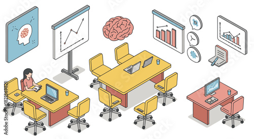 Isometric office space with conference table, charts, and technology for collaborative work
