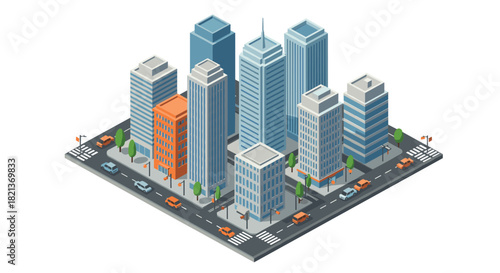 Isometric urban cityscape with skyscrapers and streets featuring modern architecture