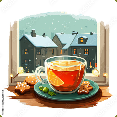 Vector illustration of a cozy cup of tea with orange and gingerbread cookies by the window on a snowy evening, isolated on a white background