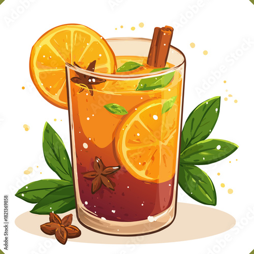 Vector illustration of a tall glass of mulled orange drink with cinnamon stick, star anise, slice of citrus, isolated on a white background. Vector illustration of traditional winter beverage