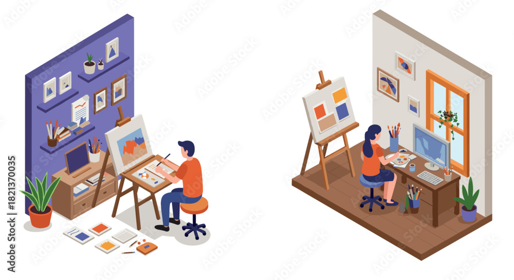 Obraz premium Creative workspace duo: artists in modern home studios